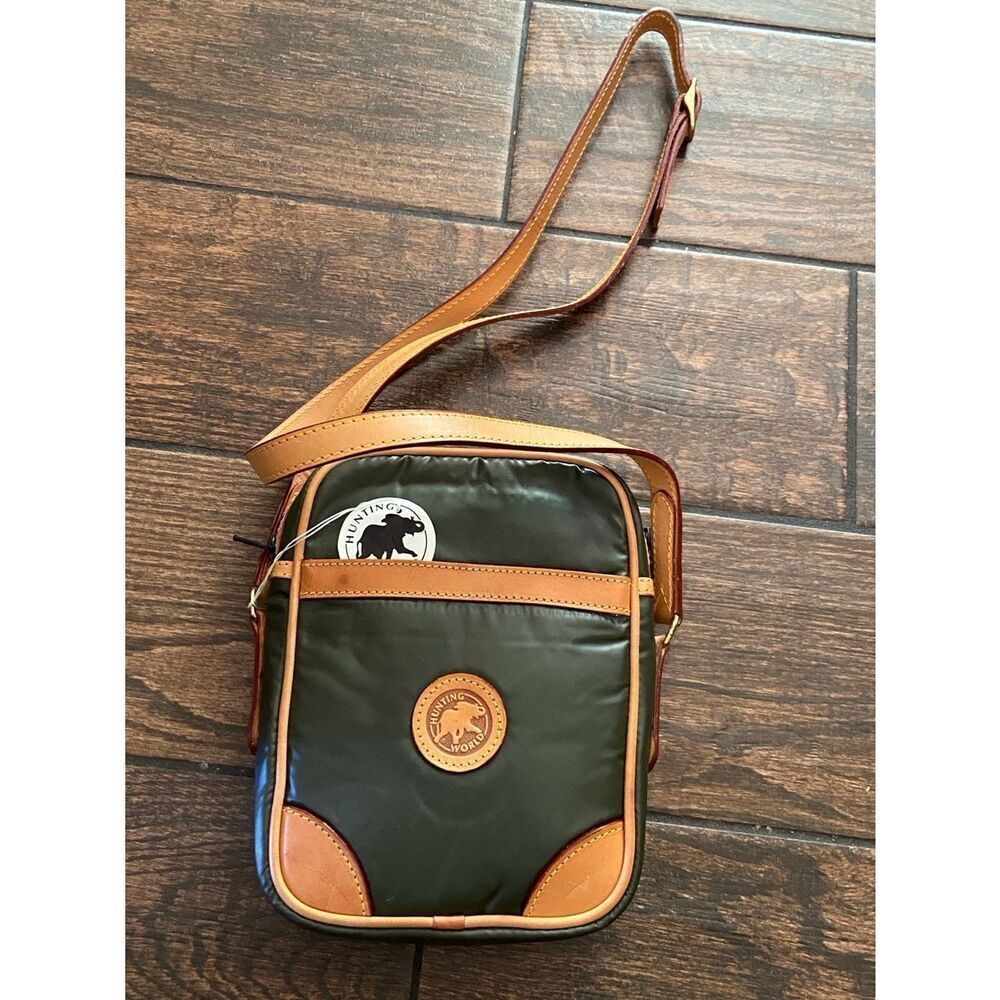 VTG,HUNTING WORLD Nylon Leather Crossbody Bag Green And Tan $200